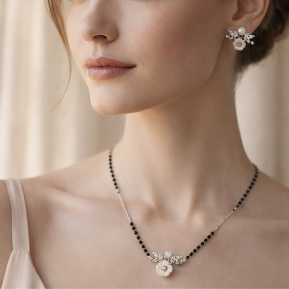 Mother of Pearl Blossom Mangalsutra Set – 92.5 Sterling Silver Necklace and Earring Set with Sacred Black Beads and Crystal Leaf Accents