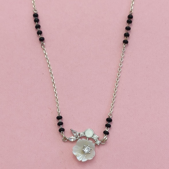 Mother of Pearl Blossom Mangalsutra Set – 92.5 Sterling Silver Necklace and Earring Set with Sacred Black Beads and Crystal Leaf Accents