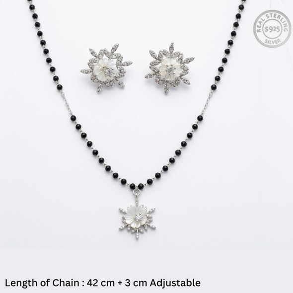 Mother of Pearl Floral Halo Mangalsutra Set – 92.5 Sterling Silver Necklace and Stud Earring Set with Sacred Black Beads and Crystal Sunburst Petals