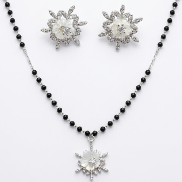 Mother of Pearl Floral Halo Mangalsutra Set – 92.5 Sterling Silver Necklace and Stud Earring Set with Sacred Black Beads and Crystal Sunburst Petals