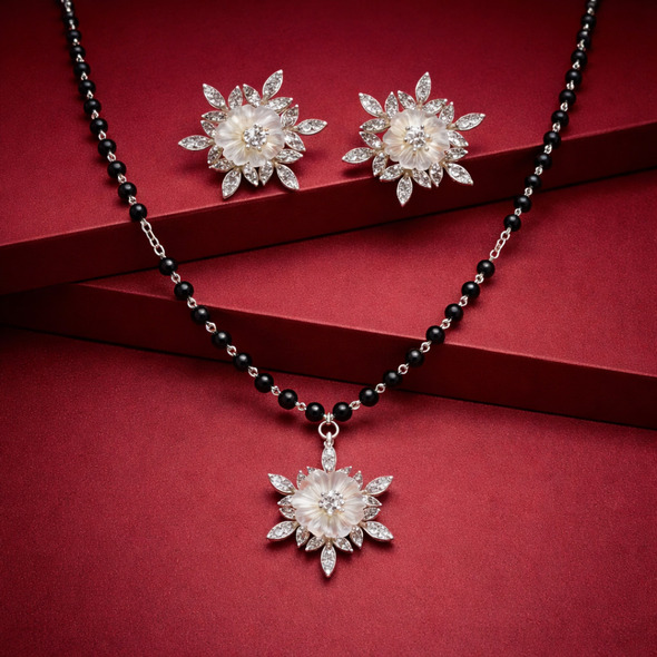 Mother of Pearl Floral Halo Mangalsutra Set – 92.5 Sterling Silver Necklace and Stud Earring Set with Sacred Black Beads and Crystal Sunburst Petals