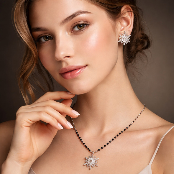 Mother of Pearl Floral Halo Mangalsutra Set – 92.5 Sterling Silver Necklace and Stud Earring Set with Sacred Black Beads and Crystal Sunburst Petals
