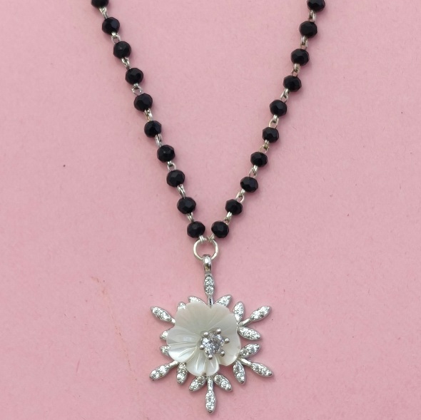 Mother of Pearl Floral Halo Mangalsutra Set – 92.5 Sterling Silver Necklace and Stud Earring Set with Sacred Black Beads and Crystal Sunburst Petals