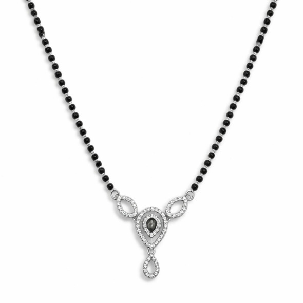Ornate Teardrop Filigree Mangalsutra – 92.5 Sterling Silver Necklace with Sacred Black Beads and Crystal-Encrusted Geometric Pendant