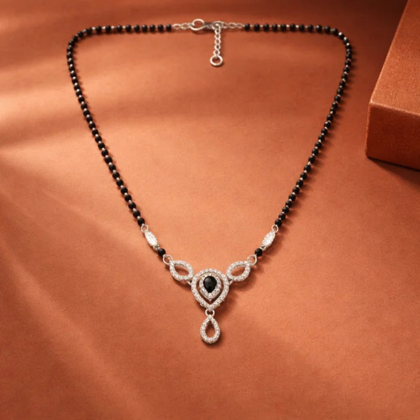 Ornate Teardrop Filigree Mangalsutra – 92.5 Sterling Silver Necklace with Sacred Black Beads and Crystal-Encrusted Geometric Pendant