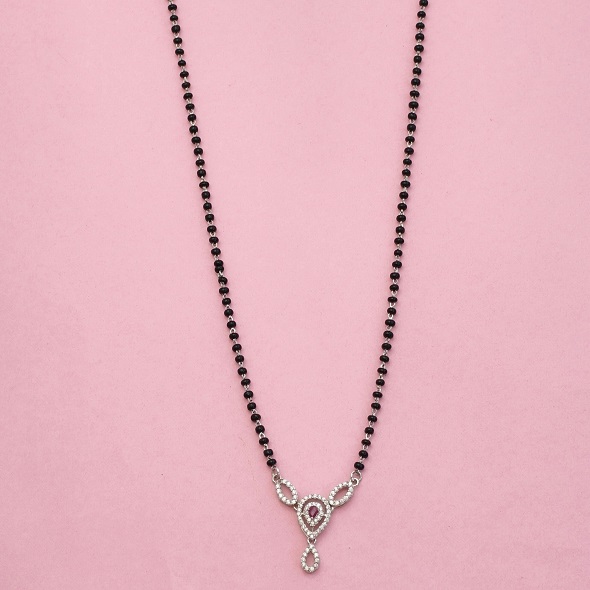 Ornate Teardrop Filigree Mangalsutra – 92.5 Sterling Silver Necklace with Sacred Black Beads and Crystal-Encrusted Geometric Pendant