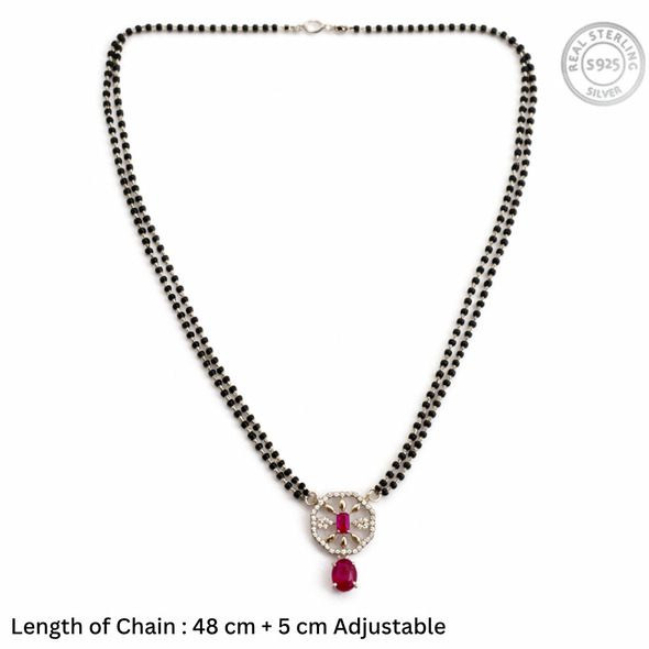 Royal Crimson Filigree Mangalsutra – 92.5 Sterling Silver Double Strand Necklace with Ruby-Toned Gemstones and Crystal Halo