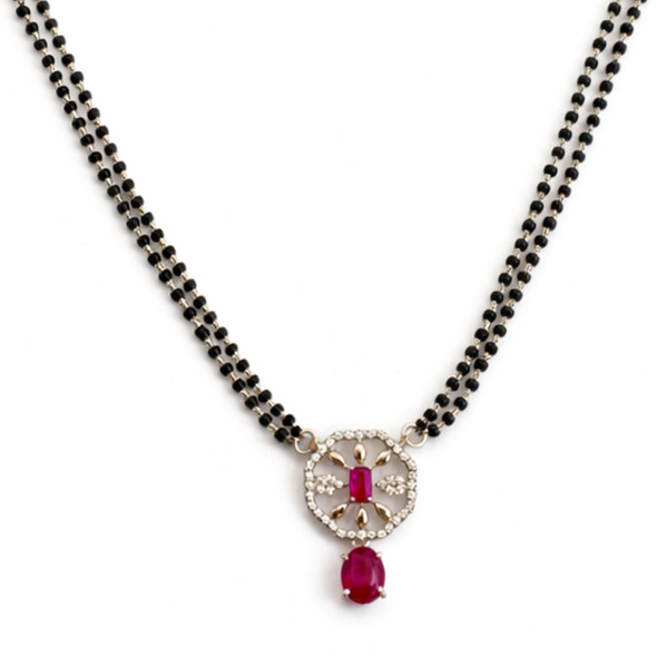 Royal Crimson Filigree Mangalsutra – 92.5 Sterling Silver Double Strand Necklace with Ruby-Toned Gemstones and Crystal Halo