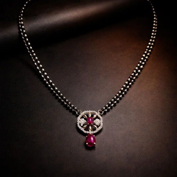 Royal Crimson Filigree Mangalsutra – 92.5 Sterling Silver Double Strand Necklace with Ruby-Toned Gemstones and Crystal Halo