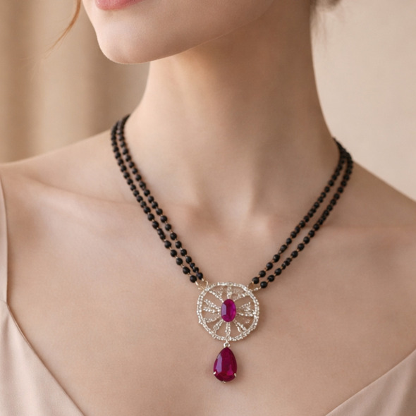 Royal Crimson Filigree Mangalsutra – 92.5 Sterling Silver Double Strand Necklace with Ruby-Toned Gemstones and Crystal Halo