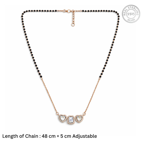 Royal Radiant Heart Mangalsutra – Rose Gold Plated 92.5 Sterling Silver Necklace with Sacred Black Beads and Triple Crystal Halo Pendant