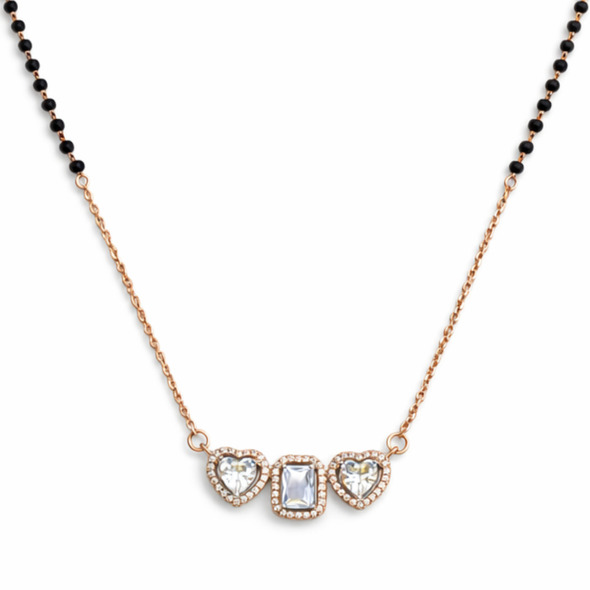 Royal Radiant Heart Mangalsutra – Rose Gold Plated 92.5 Sterling Silver Necklace with Sacred Black Beads and Triple Crystal Halo Pendant