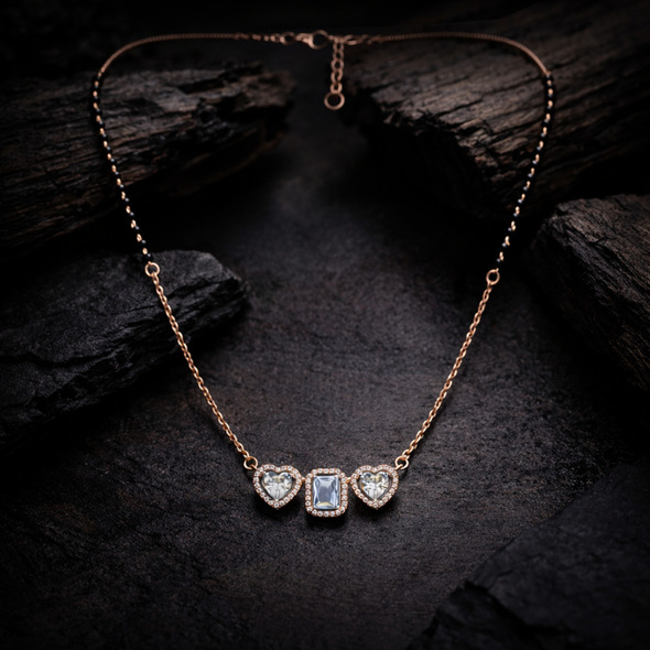 Royal Radiant Heart Mangalsutra – Rose Gold Plated 92.5 Sterling Silver Necklace with Sacred Black Beads and Triple Crystal Halo Pendant