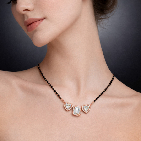 Royal Radiant Heart Mangalsutra – Rose Gold Plated 92.5 Sterling Silver Necklace with Sacred Black Beads and Triple Crystal Halo Pendant