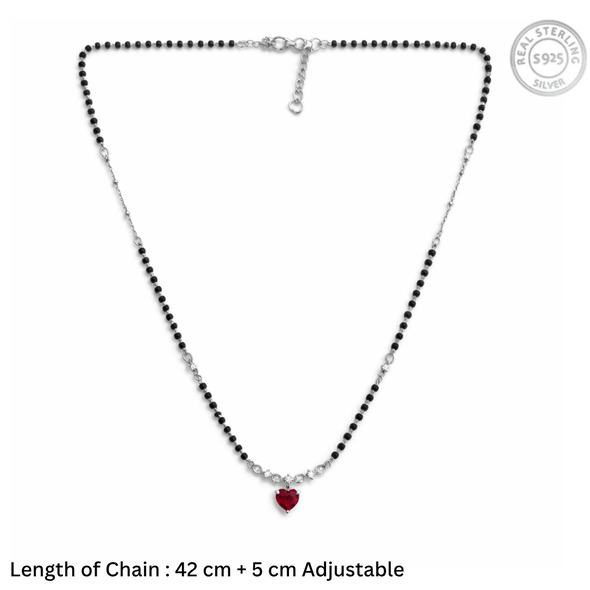 Ruby Heart Crystal Mangalsutra – 92.5 Sterling Silver Necklace with Sacred Black Beads and Radiant Red Heart Pendant