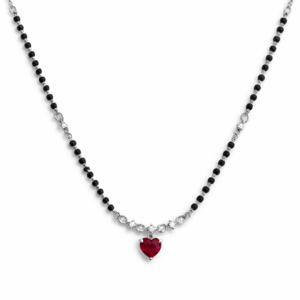 Ruby Heart Crystal Mangalsutra – 92.5 Sterling Silver Necklace with Sacred Black Beads and Radiant Red Heart Pendant
