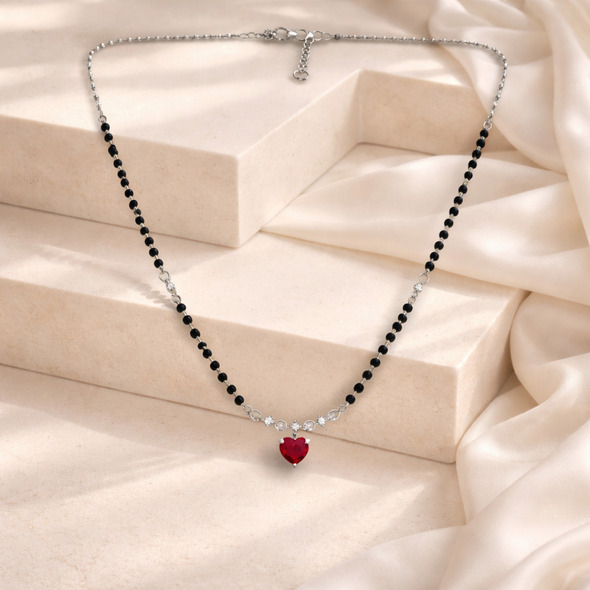 Ruby Heart Crystal Mangalsutra – 92.5 Sterling Silver Necklace with Sacred Black Beads and Radiant Red Heart Pendant