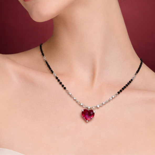 Ruby Heart Crystal Mangalsutra – 92.5 Sterling Silver Necklace with Sacred Black Beads and Radiant Red Heart Pendant