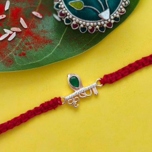 Divine Lord Krishna Green Stone 925 Sterling Silver Rakhi for Brother – Premium Designer Rakhi