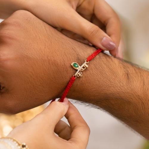 Divine Lord Krishna Green Stone 925 Sterling Silver Rakhi for Brother – Premium Designer Rakhi