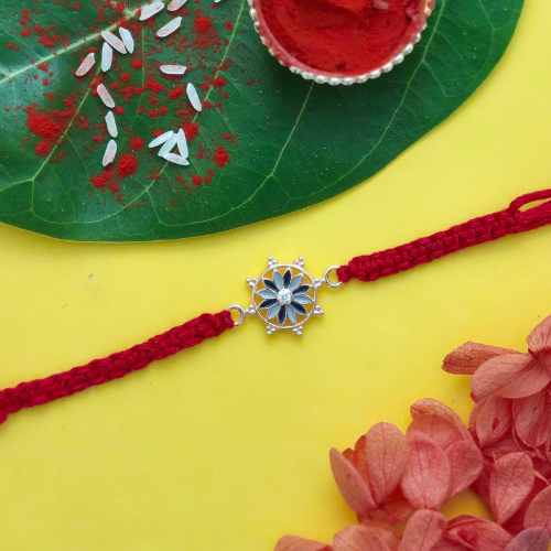 Blue Enamel Floral 925 Sterling Silver Rakhi for Brother – Premium Designer Rakhi