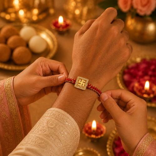 Auspicious Swastik Gold Plated 925 Sterling Silver Rakhi for Brother