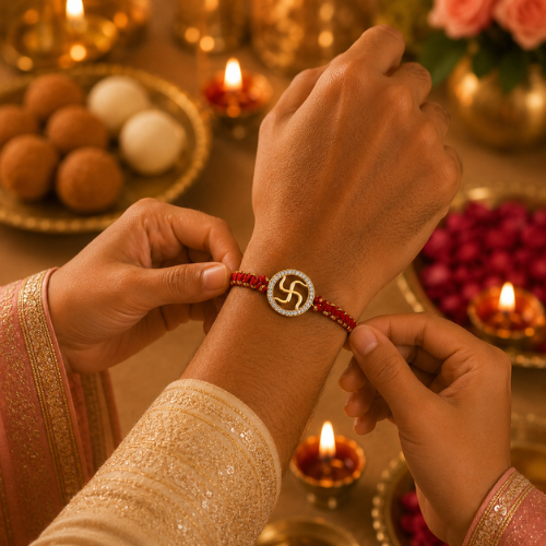 Fortune Swastik Gold Plated 925 Sterling Silver Rakhi for Brother