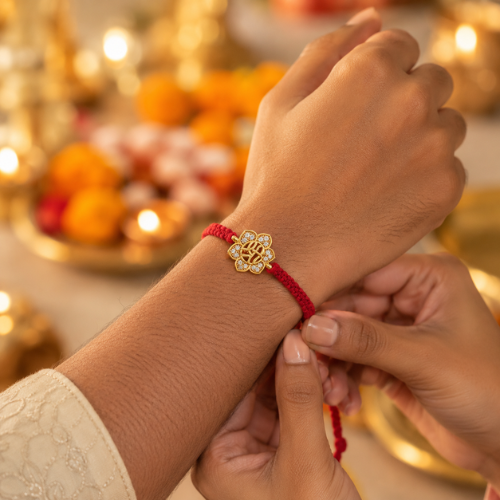 Auspicious Shri Lotus Gold Plated 925 Sterling Silver Rakhi for Brother