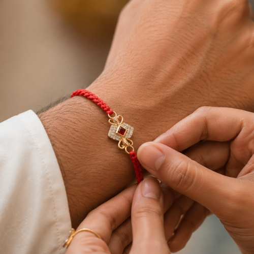 Royal Garnet Square 925 Sterling Silver Rakhi for Brother – Premium Designer Rakhi
