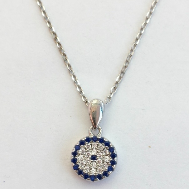Blue & White CZ Round Pendant Set with Matching Stud Earrings