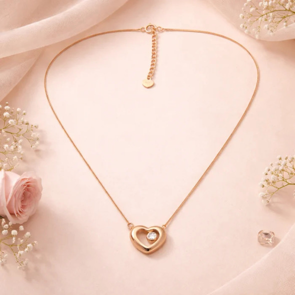 Floating Crystal Heart Pendant – Rose Gold Plated 92.5 Sterling Silver Minimalist Romantic Necklace