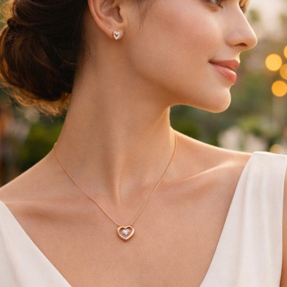 Floating Crystal Heart Pendant – Rose Gold Plated 92.5 Sterling Silver Minimalist Romantic Necklace