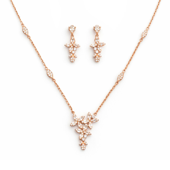 Floral Cascade Marquise Jewelry Set – Rose Gold Plated 92.5 Sterling Silver Station Necklace & Dangle Earrings