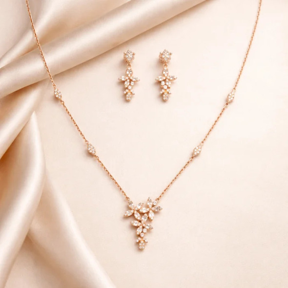 Floral Cascade Marquise Jewelry Set – Rose Gold Plated 92.5 Sterling Silver Station Necklace & Dangle Earrings