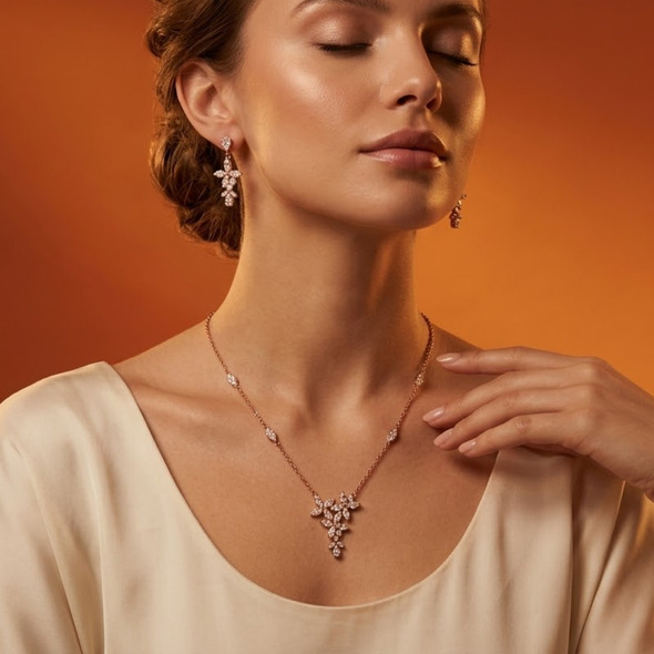 Floral Cascade Marquise Jewelry Set – Rose Gold Plated 92.5 Sterling Silver Station Necklace & Dangle Earrings