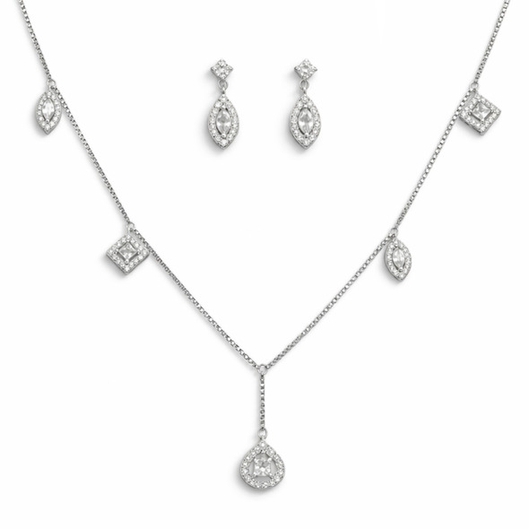 Geometric Multi-Charm Lariat Jewelry Set – 92.5 Sterling Silver Mixed-Cut Crystal Necklace & Marquise Drop Earrings