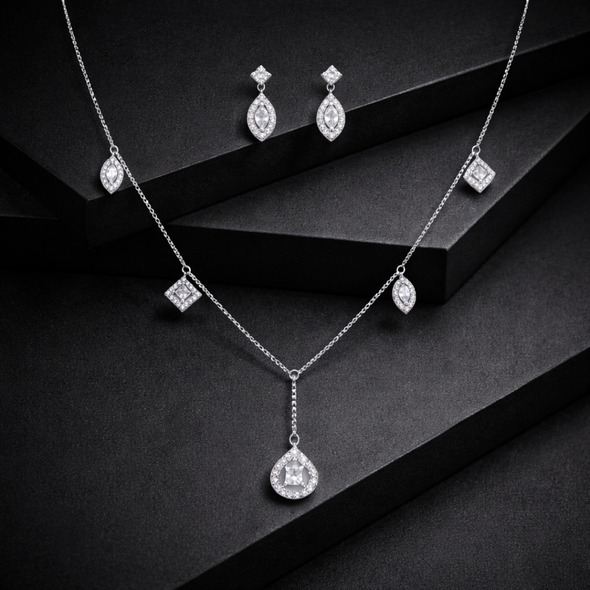 Geometric Multi-Charm Lariat Jewelry Set – 92.5 Sterling Silver Mixed-Cut Crystal Necklace & Marquise Drop Earrings