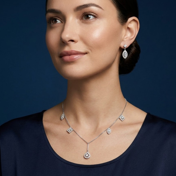 Geometric Multi-Charm Lariat Jewelry Set – 92.5 Sterling Silver Mixed-Cut Crystal Necklace & Marquise Drop Earrings