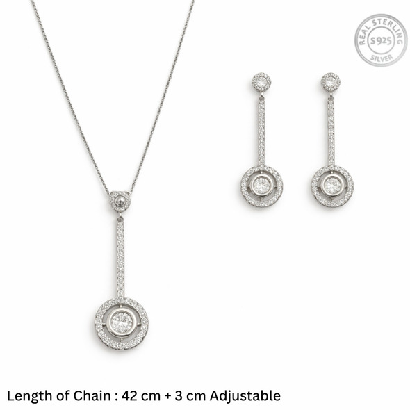 Geometric Halo Drop Jewelry Set – 92.5 Sterling Silver Vertical Bar Pendant & Matching Earrings with Shimmering Solitaire Accents