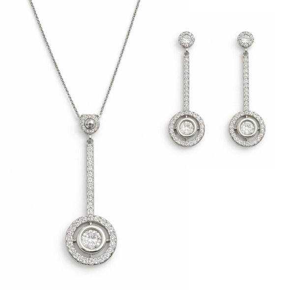 Geometric Halo Drop Jewelry Set – 92.5 Sterling Silver Vertical Bar Pendant & Matching Earrings with Shimmering Solitaire Accents