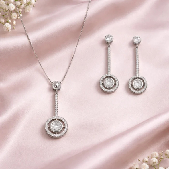 Geometric Halo Drop Jewelry Set – 92.5 Sterling Silver Vertical Bar Pendant & Matching Earrings with Shimmering Solitaire Accents