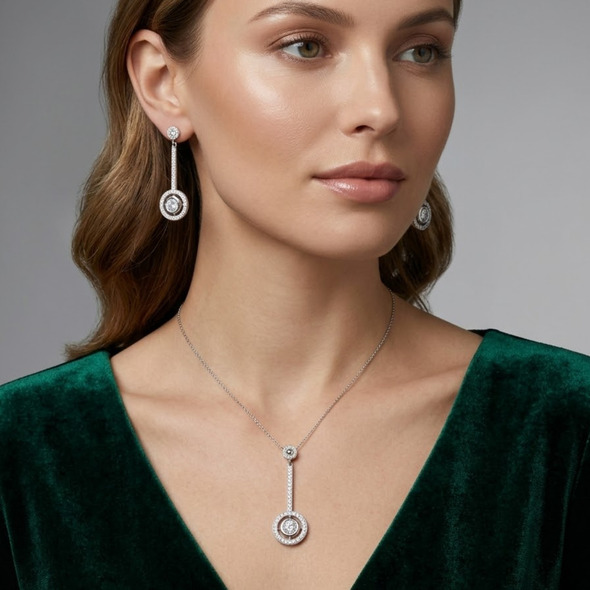 Geometric Halo Drop Jewelry Set – 92.5 Sterling Silver Vertical Bar Pendant & Matching Earrings with Shimmering Solitaire Accents