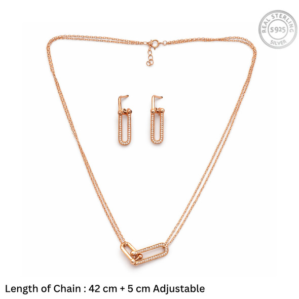 Industrial Chic Link Necklace & Earrings Set – Rose Gold Plated 92.5 Sterling Silver Pavé U-Link Jewelry Set