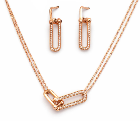 Industrial Chic Link Necklace & Earrings Set – Rose Gold Plated 92.5 Sterling Silver Pavé U-Link Jewelry Set