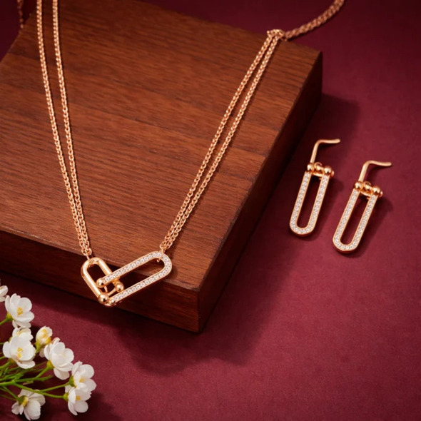 Industrial Chic Link Necklace & Earrings Set – Rose Gold Plated 92.5 Sterling Silver Pavé U-Link Jewelry Set