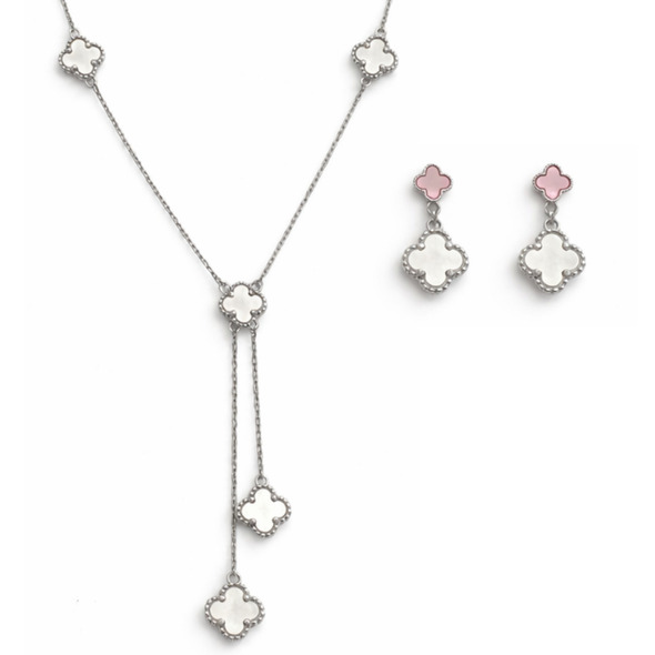 Mother of Pearl Clover Lariat Jewelry Set – 92.5 Sterling Silver Y-Necklace & Two-Tone Drop Earrings with Lucky Blossom Inlays