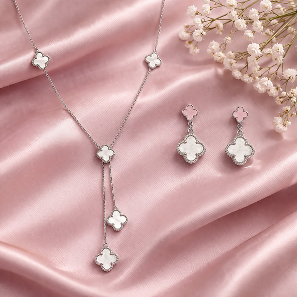 Mother of Pearl Clover Lariat Jewelry Set – 92.5 Sterling Silver Y-Necklace & Two-Tone Drop Earrings with Lucky Blossom Inlays