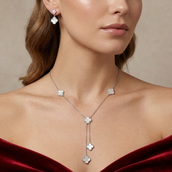 Mother of Pearl Clover Lariat Jewelry Set – 92.5 Sterling Silver Y-Necklace & Two-Tone Drop Earrings with Lucky Blossom Inlays