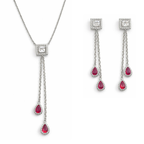 Ruby Red Teardrop Tassel Jewelry Set – 92.5 Sterling Silver Square Halo Lariat Necklace & Dangle Earrings