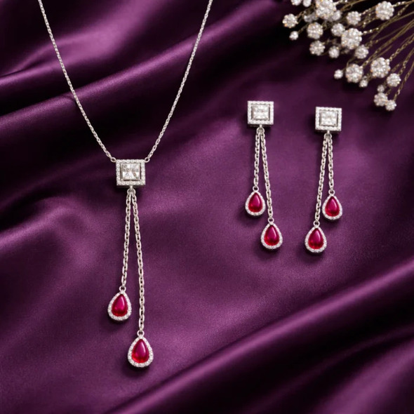 Ruby Red Teardrop Tassel Jewelry Set – 92.5 Sterling Silver Square Halo Lariat Necklace & Dangle Earrings